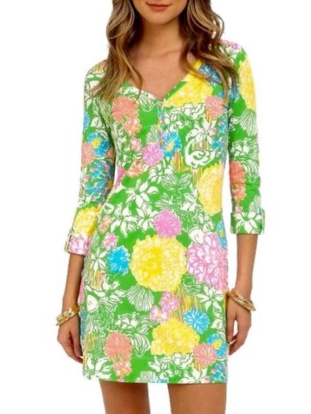 LILLY PULITZER Floral Dress Hibiscus Stroll Palmetto Cotton Sleeves Size Small